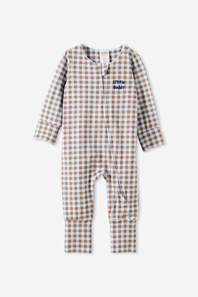 Growie Long Sleeve Zip Romper, OATMILK/LITTLE BUDDY GINGHAM