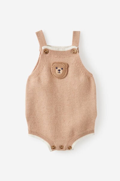 Baby Organic Blend Knit Bubbysuit, CARAMEL FUDGE MARLE/CROCHET BEAR