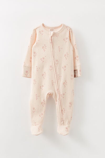 Macacão - Organic Pointelle Zip Romper, PINK PEARL/SPRIGGY FLORAL