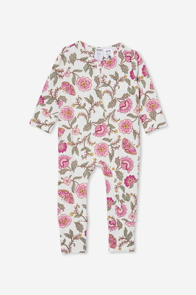 The Long Sleeve Zip Romper, VANILLA/BLUSH PINK FOLKIE PRINT