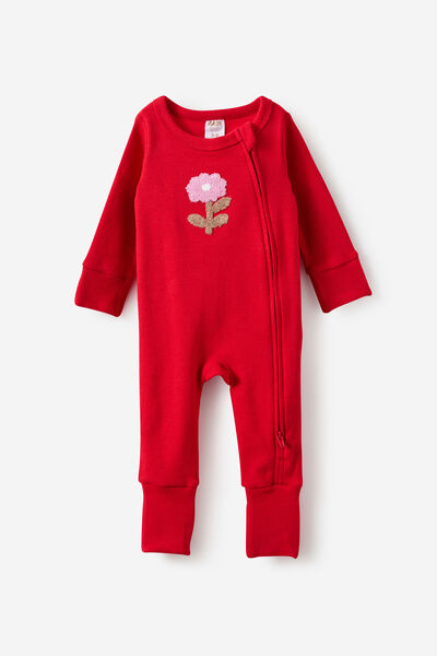 Growie Long Sleeve Zip All In One Romper, VARSITY RED/SWEET BLOOM
