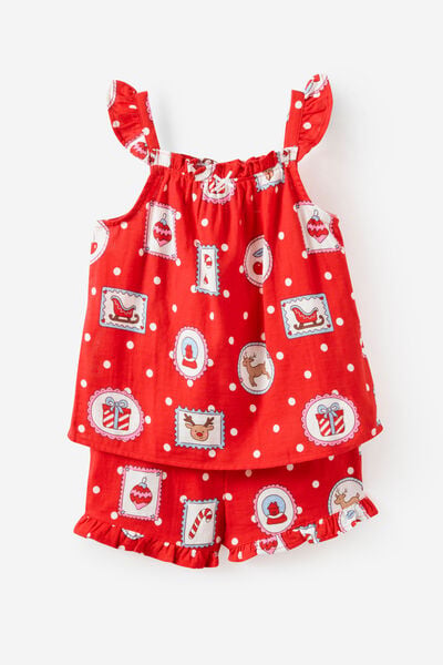 Adults Babydoll Family Xmas Pj Set, VARSITY RED/RUDOLPH SPOT