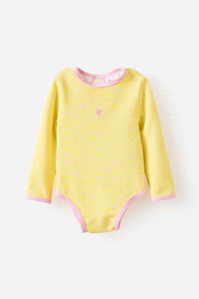 Baby Long Sleeve Keyhole Back Swimsuit, BABY YELLOW/HEART