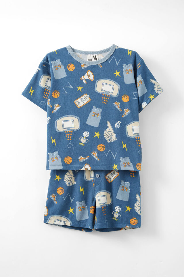 Damon Short Sleeve Pyjama Set, PETTY BLUE/ BASKETBALL ELEMENTS