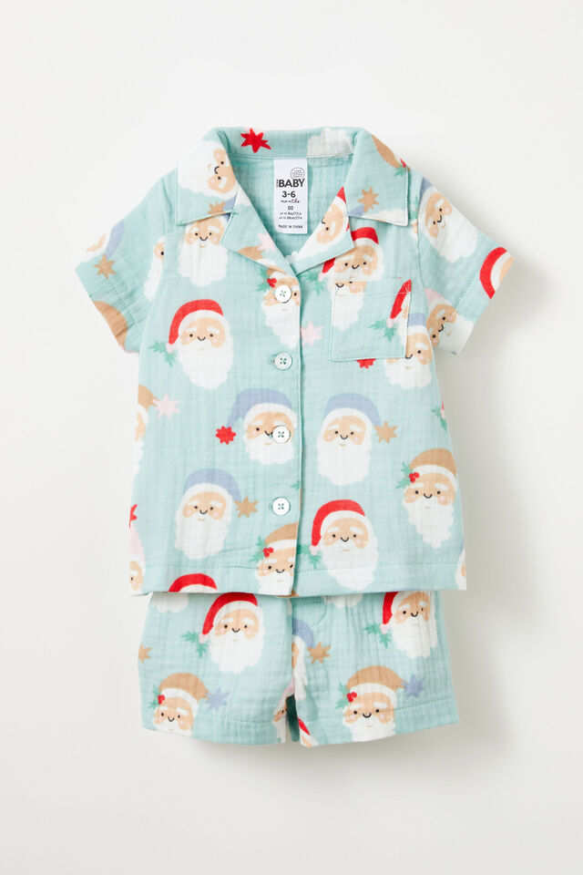 Baby Woven Pj Set, BARBER BLUE/SANTA FACES