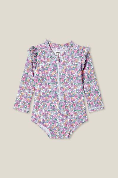 Nicky Long Sleeve Ruffle Swimsuit, VANILLA/PINK GERBERA CLAIRE FLORAL