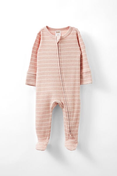 Organic Pointelle Zip All In One Romper, ZEPHYR MARLE/VANILLA STRIPE