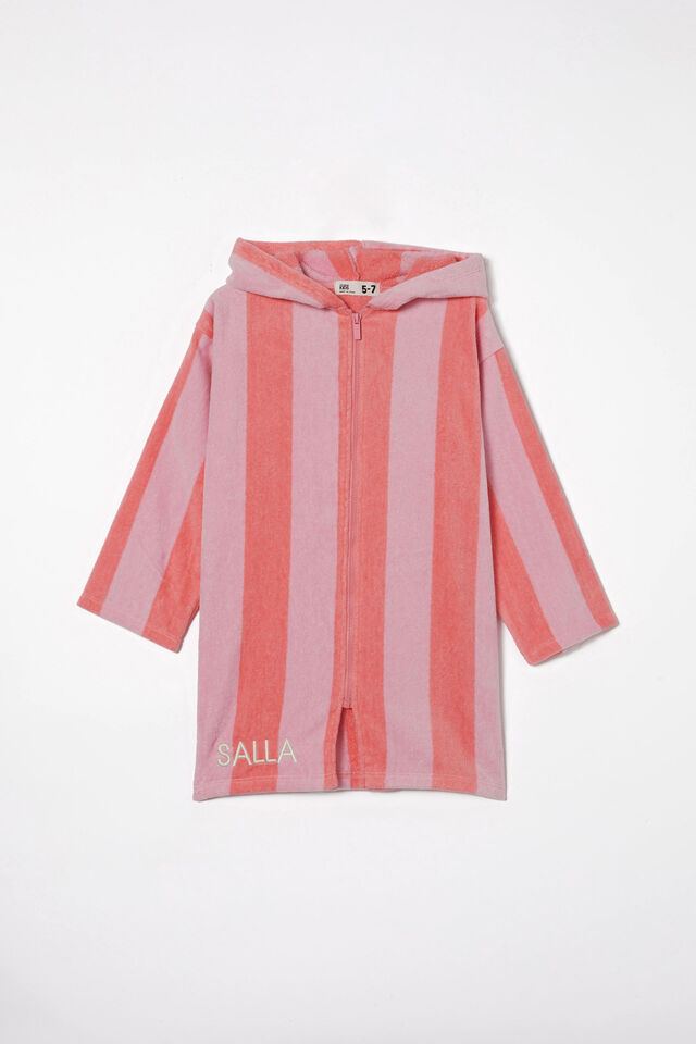 Kids Zip Thru Hooded Towel - Personalised, BLUSH PINK/CORAL FIZZ STRIPE