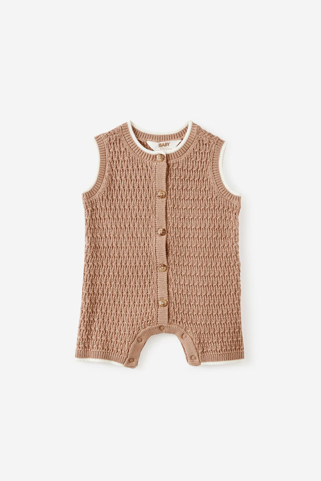 Baby Organic Knit Sleeveless Playsuit, PEANUT BUTTER