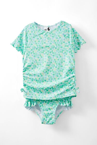 Florence S/S Rashie And Bikini Bottom Set, VANILLA/GREEN DITSY FLORAL