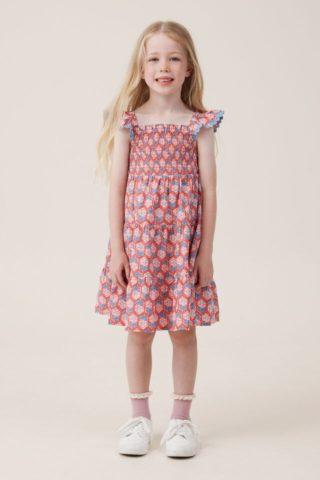 Amy Tiered Dress, CAPSICUM/DOLCIE FLOWER STAMP