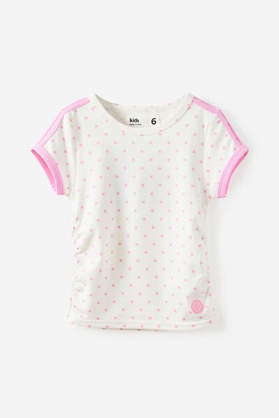 Soft Stretch Active Gathered Short Sleeve Baby Tee, VANILLA/PALE VIOLET SPOT