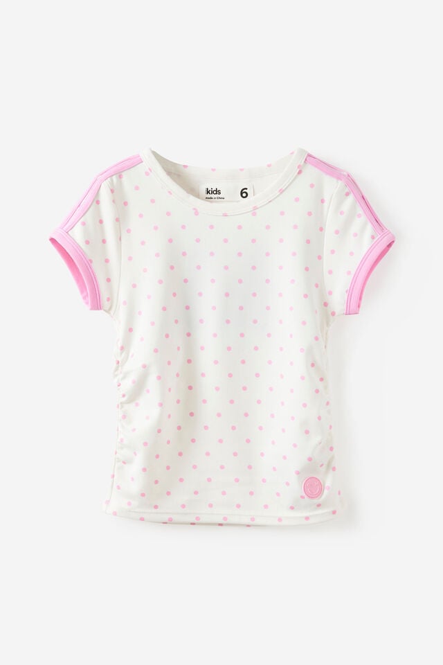 Soft Stretch Active Gathered Short Sleeve Baby Tee, VANILLA/PALE VIOLET SPOT