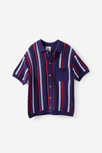 Resort Knitted Shirt, DENIM NAVY/CLOUD BLUE/VARSITY RED STRIPE