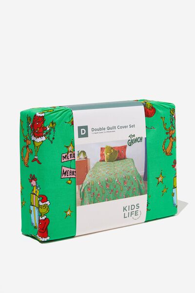 Kids Licensed Quilt Cover Set - Double, LCN DRS THE GRINCH/MERRY MERRY