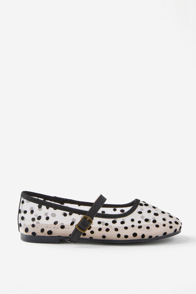 Kids Ballet Flat, WHITE MESH/FLOCKED SPOTS