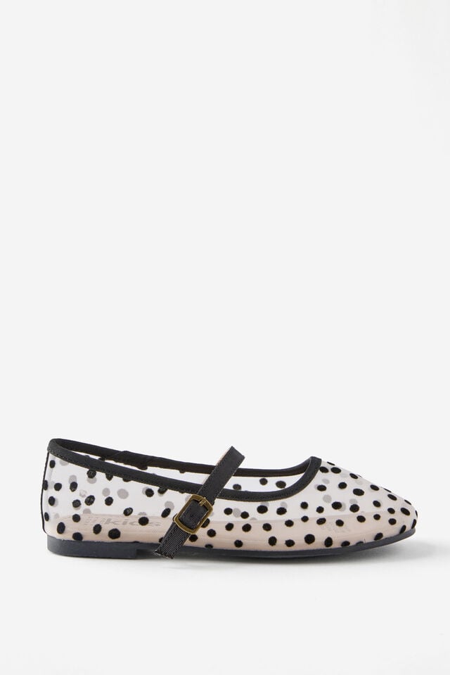 Kids Ballet Flat, WHITE MESH/FLOCKED SPOTS