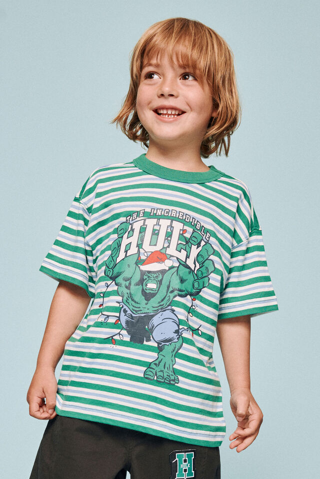 The Hulk Marvel Drop Shoulder SS Tee, LCN MAR ENGLISH IVY/ HULK XMAS STRIPE