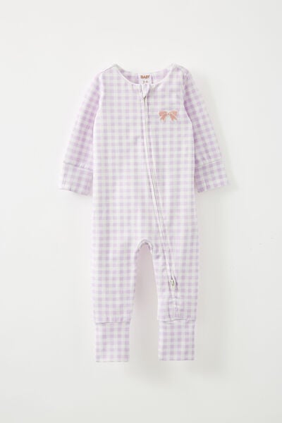 The Billie Long Sleeve Zip Romper, VINTAGE LILAC/GINGHAM BOW