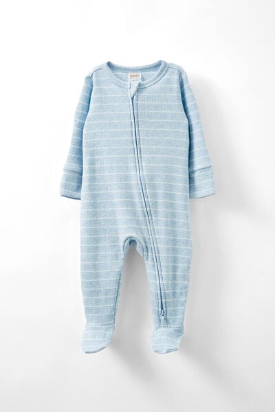 Organic Pointelle Zip Romper, WHITE WATER BLUE MARLE/VANILLA STRIPE