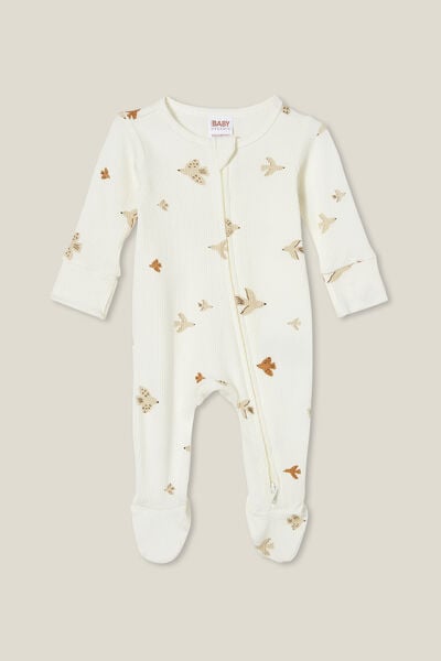 Organic Pointelle Zip All In One Romper, MILK/FLYING DOVES