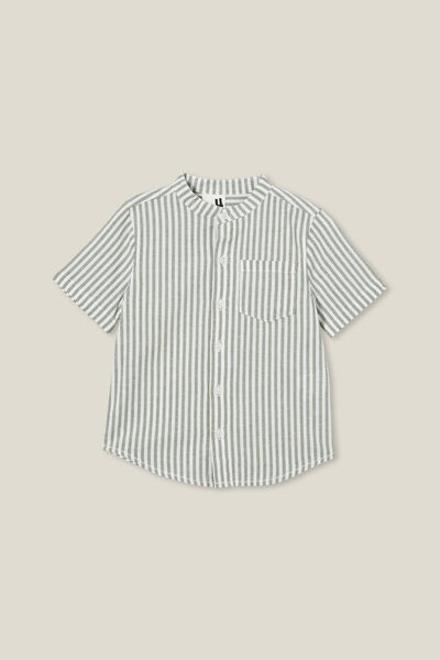 Grandpa Collar Short Sleeve Prep Shirt, SWAG GREEN/VANILLA STRIPE