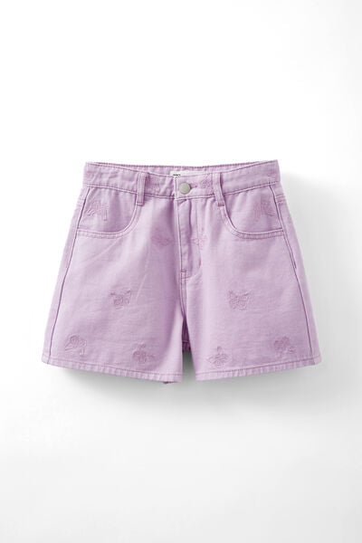 Winter Denim Short, LILAC WASH/ BUTTERFLY EMBROIDERY