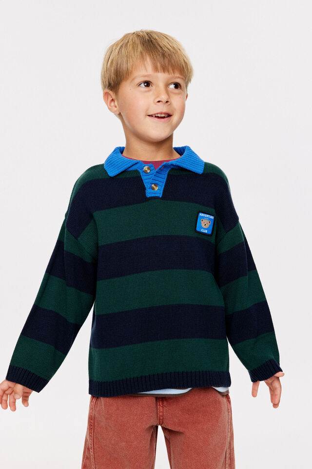 Boys Crew Neck Knit, WINTER JADE/SQUID INK