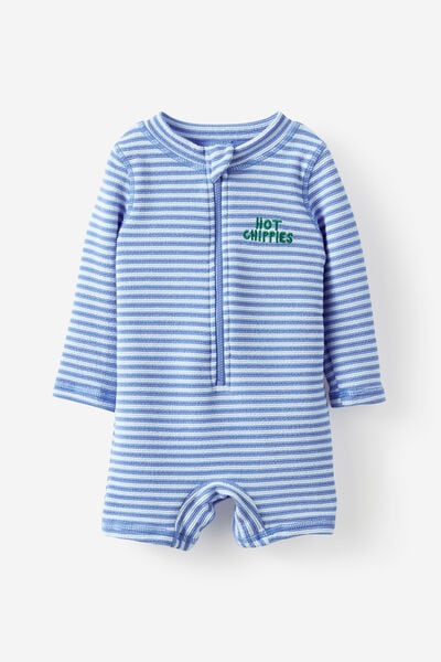 Baby Long Sleeve All In One Swimsuit, BLUE BONNET/HOT CHIPPIES STRIPE