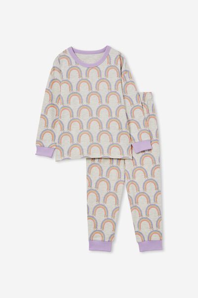 Ava Long Sleeve Pyjama Set, OATMEAL MARLE/RAINBOWS