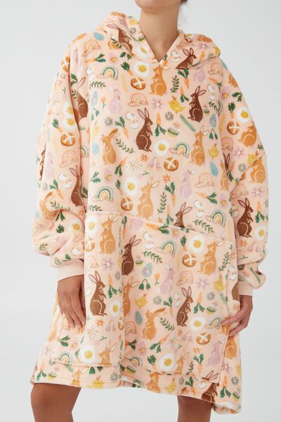 Snugget Adults Oversized Hoodie, PEACH TANG RAINBOWS & BUNNIES