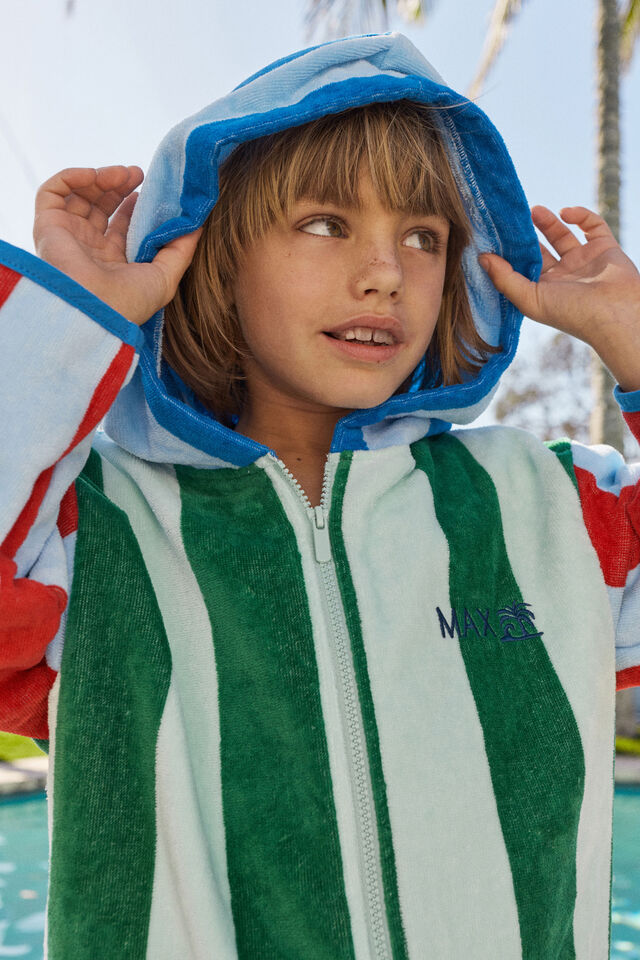 Kids Zip Thru Hooded Towel - Personalised, SEAGLASS/CONTRAST STRIPES