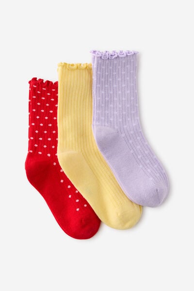 Kids 3Pk Crew Socks, LILAC/RED/YELLOW SPOTS
