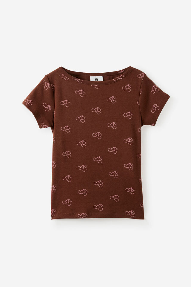 Fitted Short Sleeve Essential Boat Neck Tee, ROCKY ROAD/BALLET PINK CHERRY