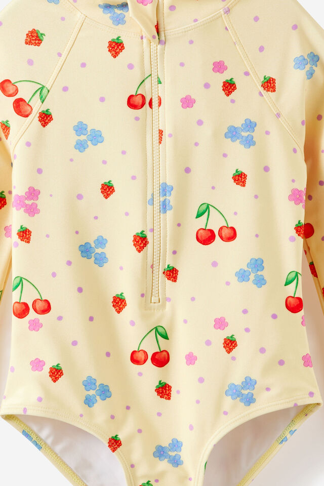Long Sleeve One Piece Swimsuit, BABY YELLOW/CHERRIES