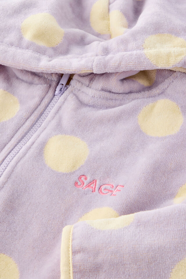 Kids Zip Thru Hooded Towel - Personalised, VINTAGE LILAC/BUTTER YELLOW SPOT