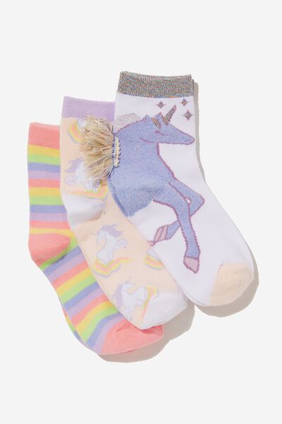 Kids 3Pk Crew Socks, CRYSTAL PINK/WHITE/UNICORN