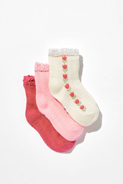 Kids 3Pk Mid Crew Socks, ORANGE CORAL/BLUSH PINK/VANILLA TULIPS