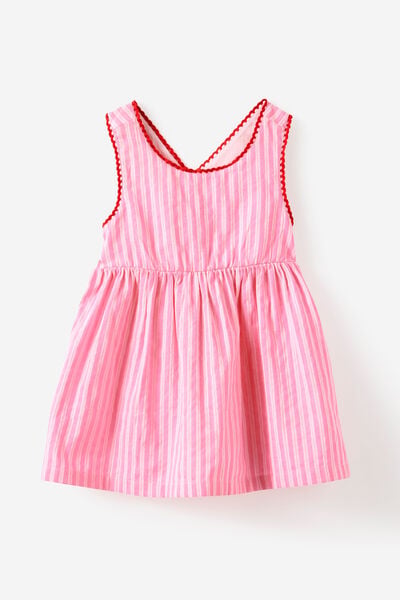 Baby Woven Cross-Back Dress, STRAWBERRY MILK STRIPE