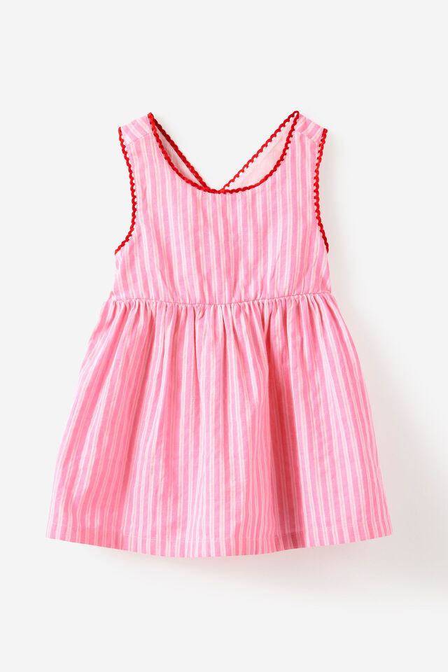 Baby Woven Cross-Back Dress, STRAWBERRY MILK STRIPE