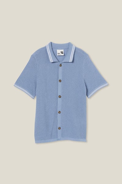 Knitted Short Sleeve Shirt, DUSTY BLUE/WAFFLE KNIT