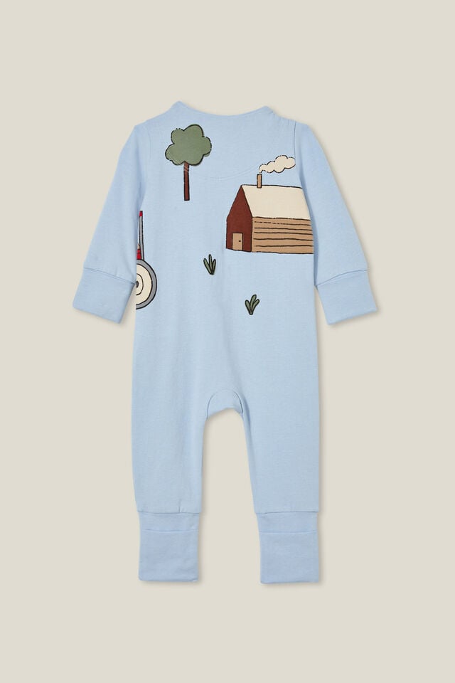 Macacão - The Long Sleeve Zip Footless Romper, FROSTY BLUE/DOG TRACTOR DRIVER