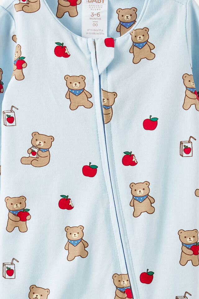 Growie Long Sleeve Zip All In One Romper, BLUE WHISPER/APPLE BEAR