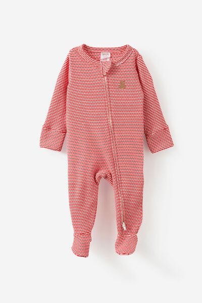 Littlie Organic Long Sleeve Zip Romper, VARSITY RED/MILK BEAR STRIPE