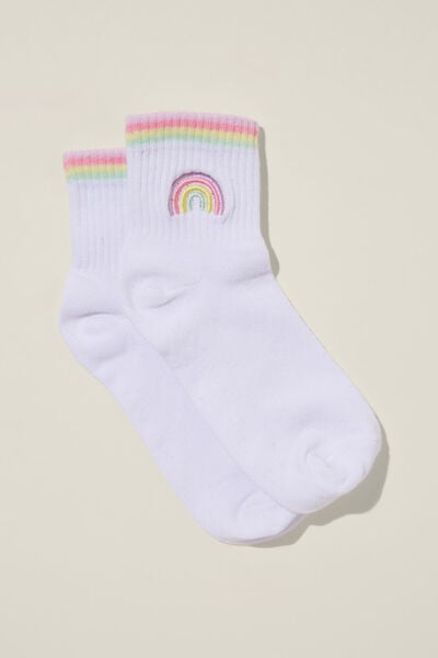 Single Pack Mid Crew Sock, WHITE/RAINBOW EMBROIDERY
