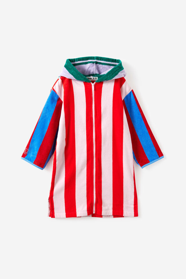 Kids Zip Thru Hooded Towel, POP RED/CONTRAST STRIPES