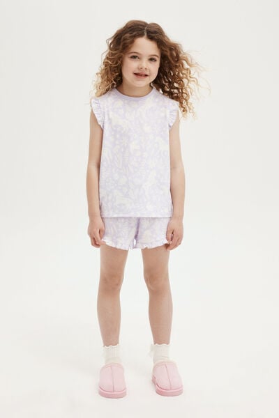 Stacey Short Sleeve Flutter Pyjama Set, VINTAGE LILAC/UNICORN FIELD