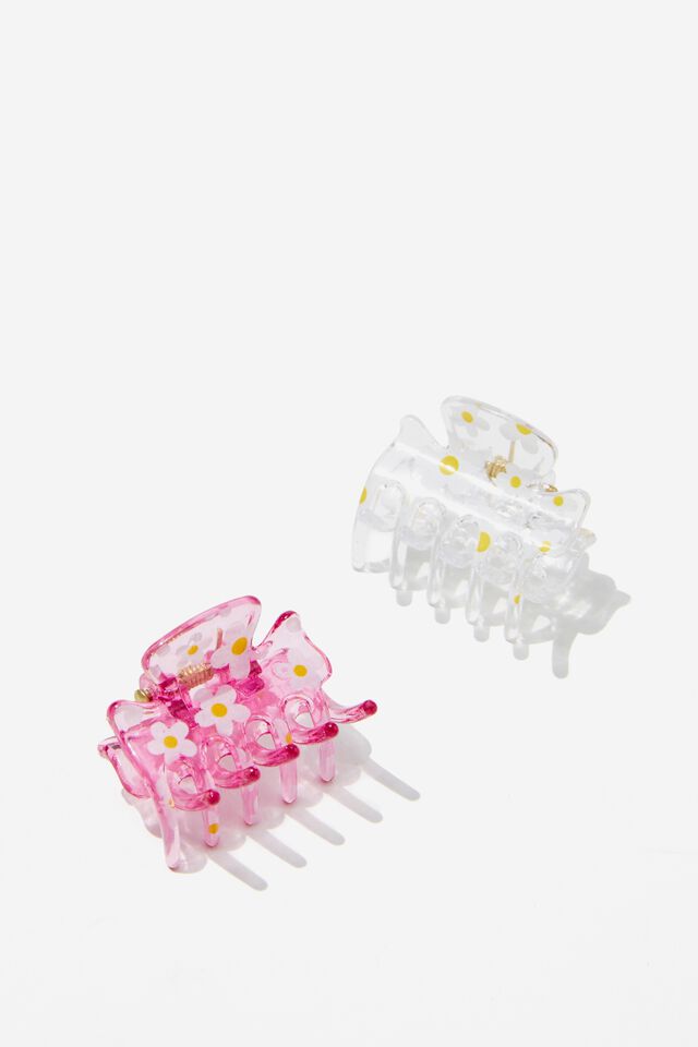 Claudine Claw Clips, WHITE/PINK DAISY PRINT 2 PK