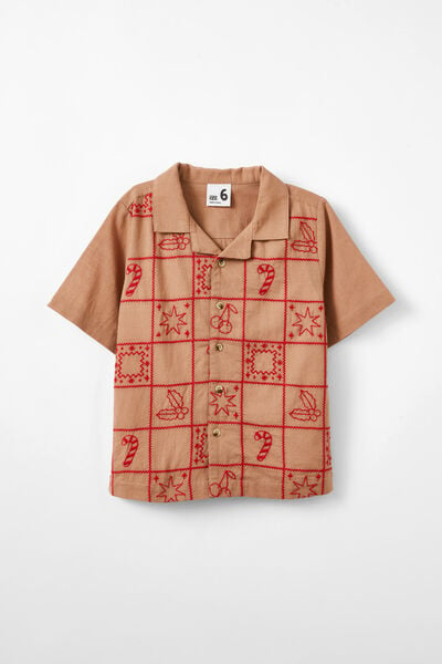 Cabana Short Sleeve Shirt, TAUPY BROWN/SANTA EMBROIDERY