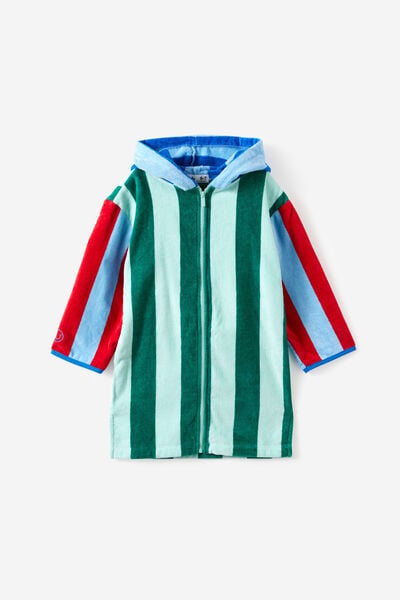 Kids Zip Thru Hooded Towel, SEAGLASS/CONTRAST STRIPES